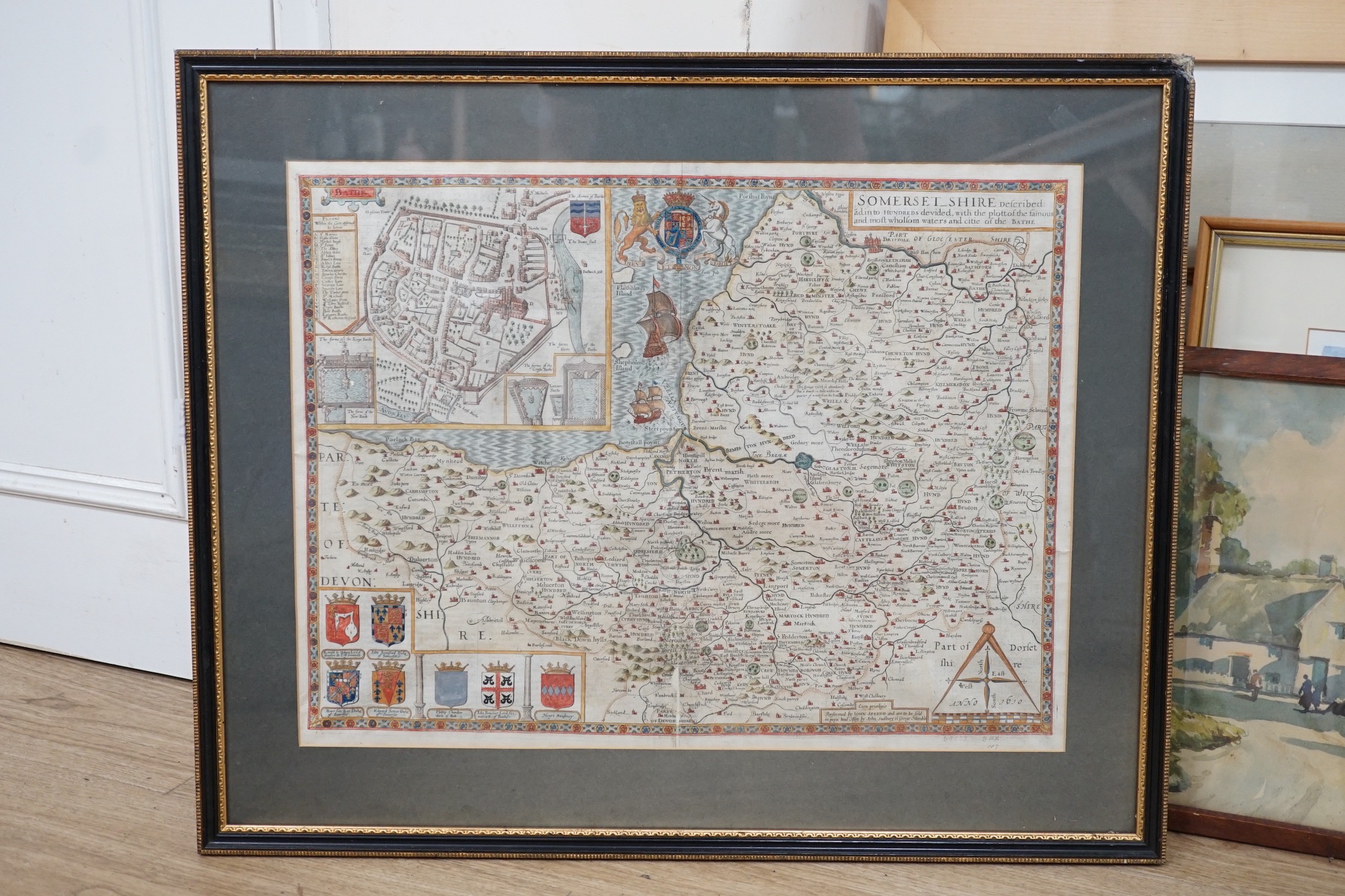John Speede, hand-coloured engraving, Map of Somersetshire, English text verso, 38 x 50cm